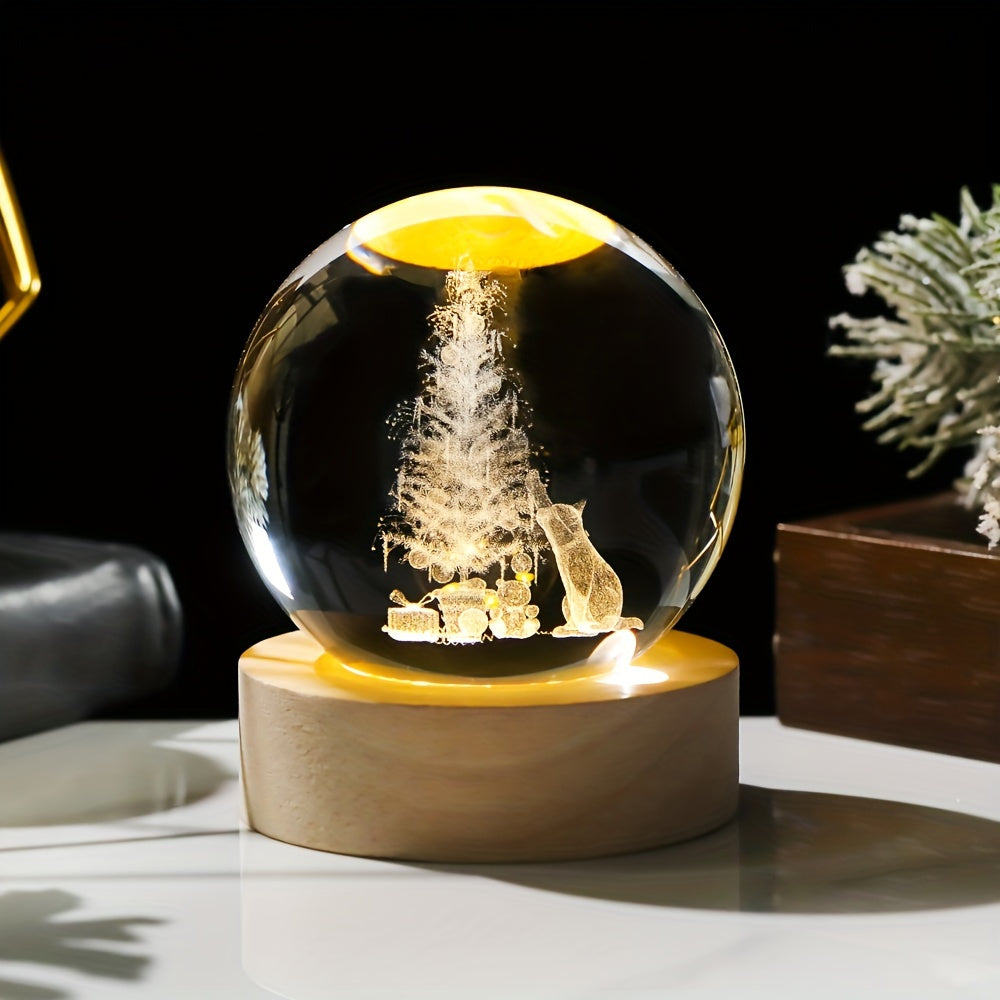 1pc 3D Engraved Christmas Crystal Ball - USB Powered, Perfect for Holiday & Valentine's Day Decor, Ideal Gift for Mother's Day, Home & Bedroom Accent