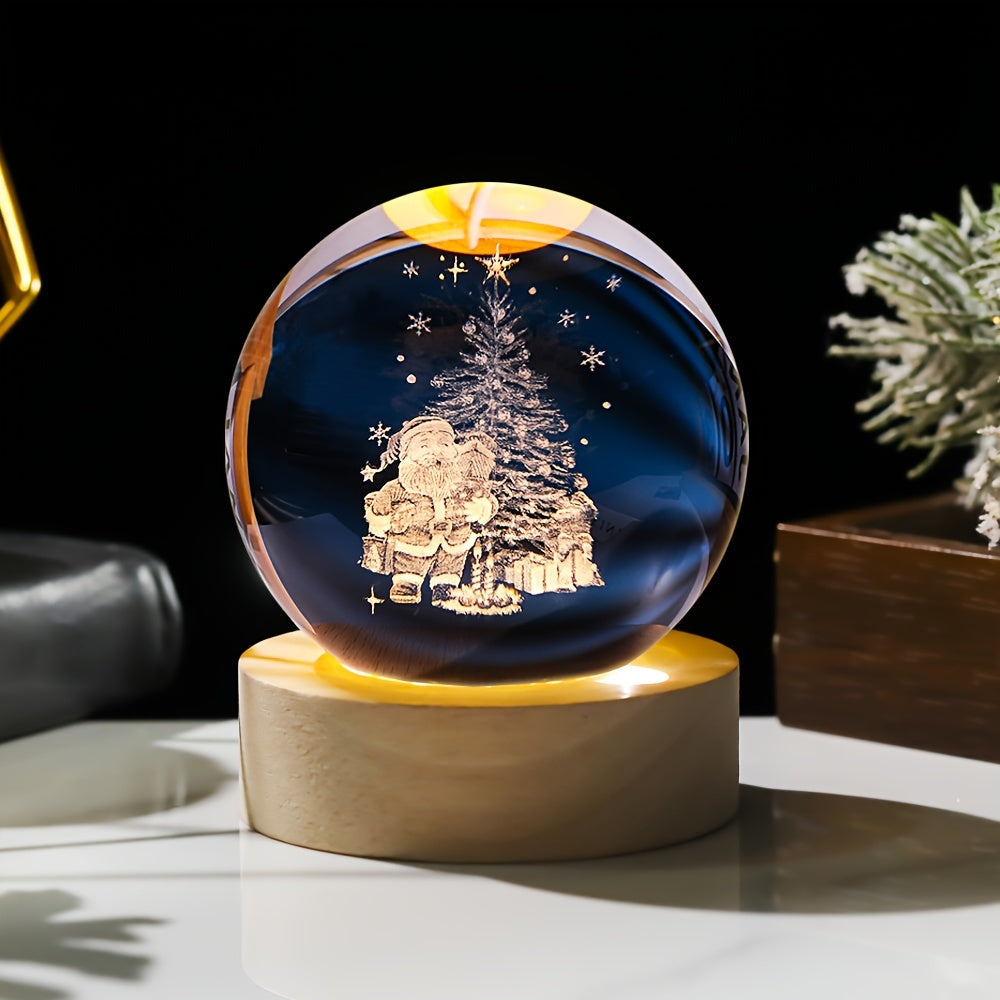 1pc 3D Engraved Christmas Crystal Ball - USB Powered, Perfect for Holiday & Valentine's Day Decor, Ideal Gift for Mother's Day, Home & Bedroom Accent