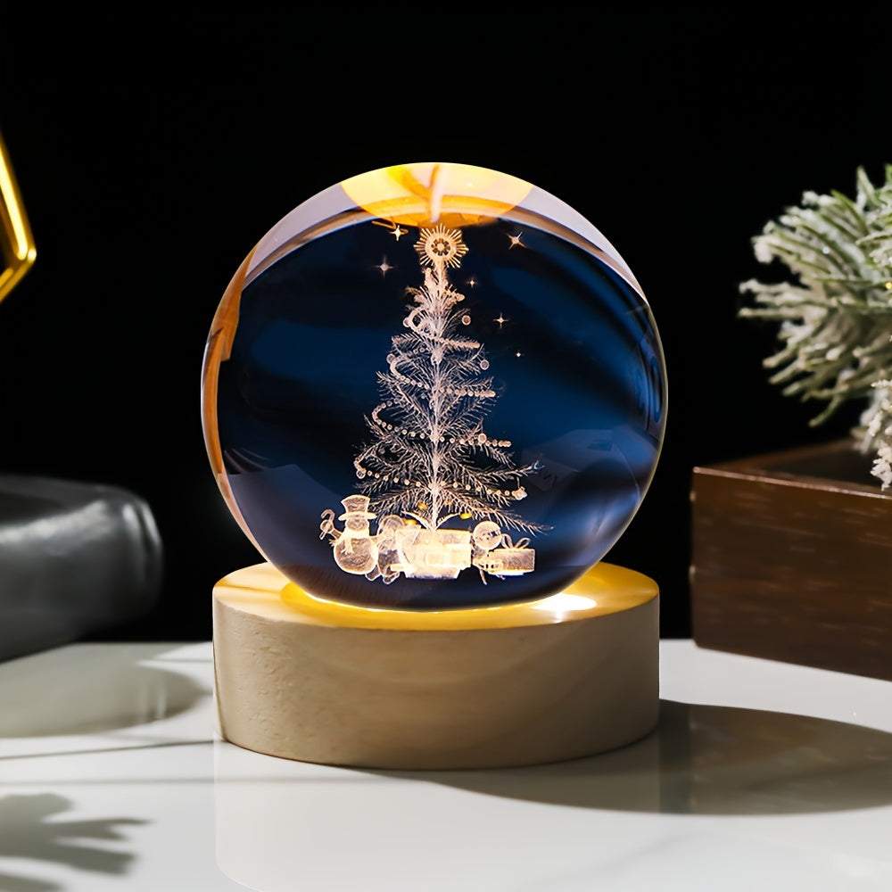 1pc 3D Engraved Christmas Crystal Ball - USB Powered, Perfect for Holiday & Valentine's Day Decor, Ideal Gift for Mother's Day, Home & Bedroom Accent
